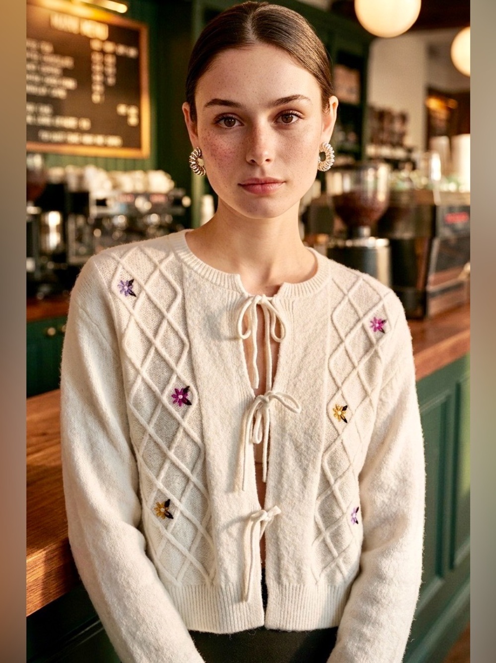 Women’s Ivory Tie-Front Embroidered Cardigan Sweater w/Colorful Daisies M